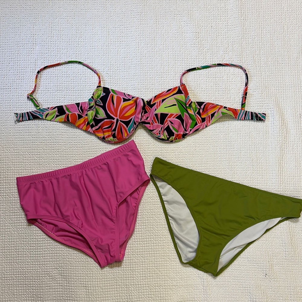 Colorful Tropical Floral Bikini Set of 3, Size 12, Large, Mix & Match, 2 Bottoms